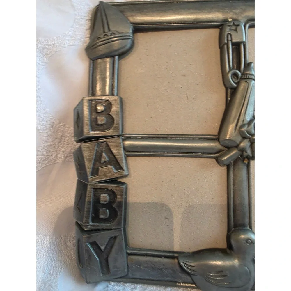 Vintage Pewter Tone Metal Baby Picture Frame 4-Opening Nursery Teddy Bear Blocks